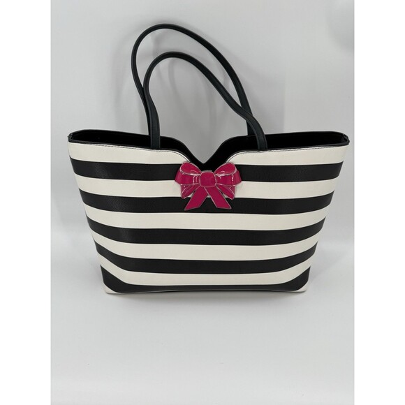 Betsey Johnson KITSCH Black White Striped Pink Bow Large Tote Shoulder Bag EUC - Picture 11 of 16